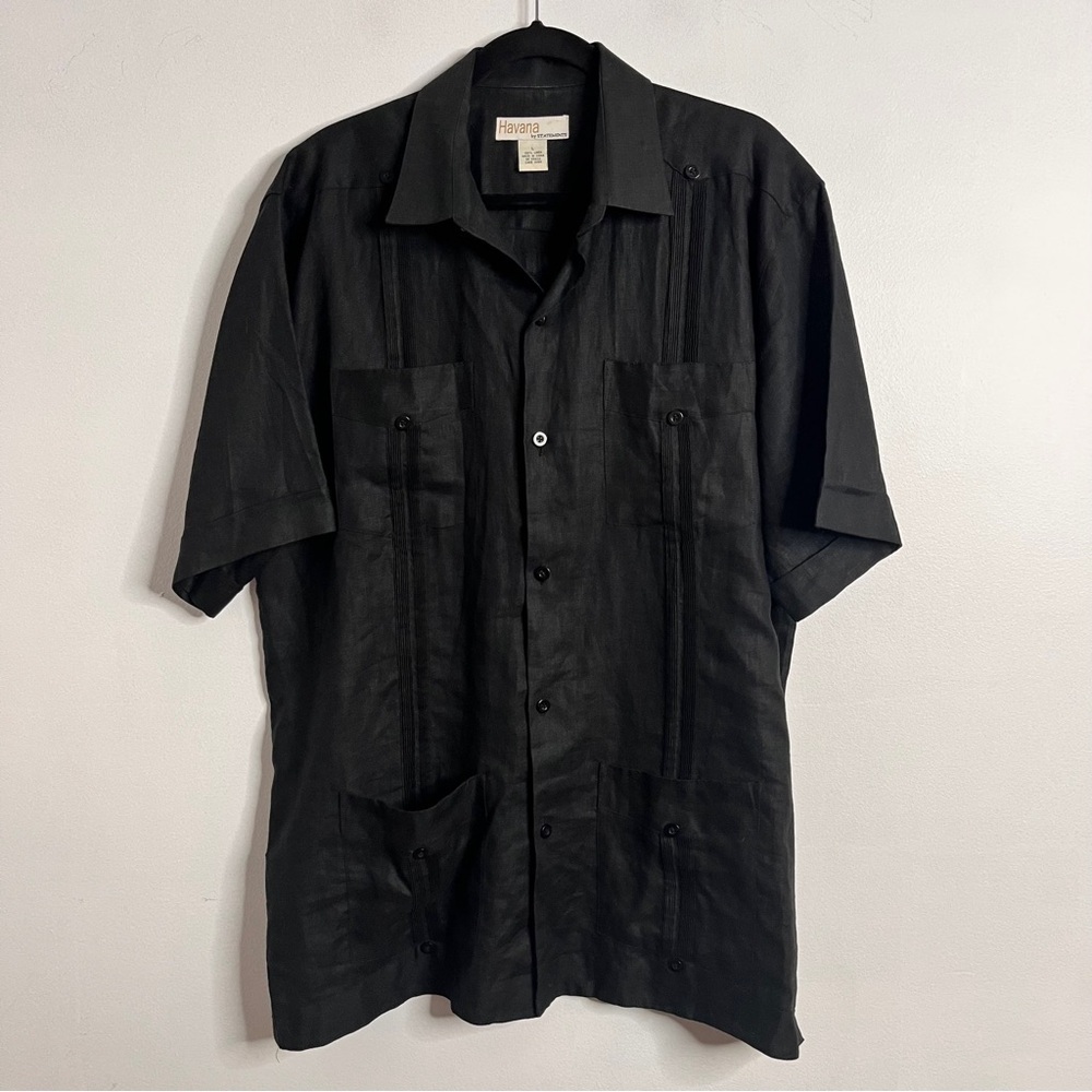 Havana by Statements 100% Linen Guayabera Black Short Sleeve Shirt Men's L
